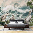 Pelican coastal wallpaper in bright modern living room with white furniture and natural light highlighting the ocean waves