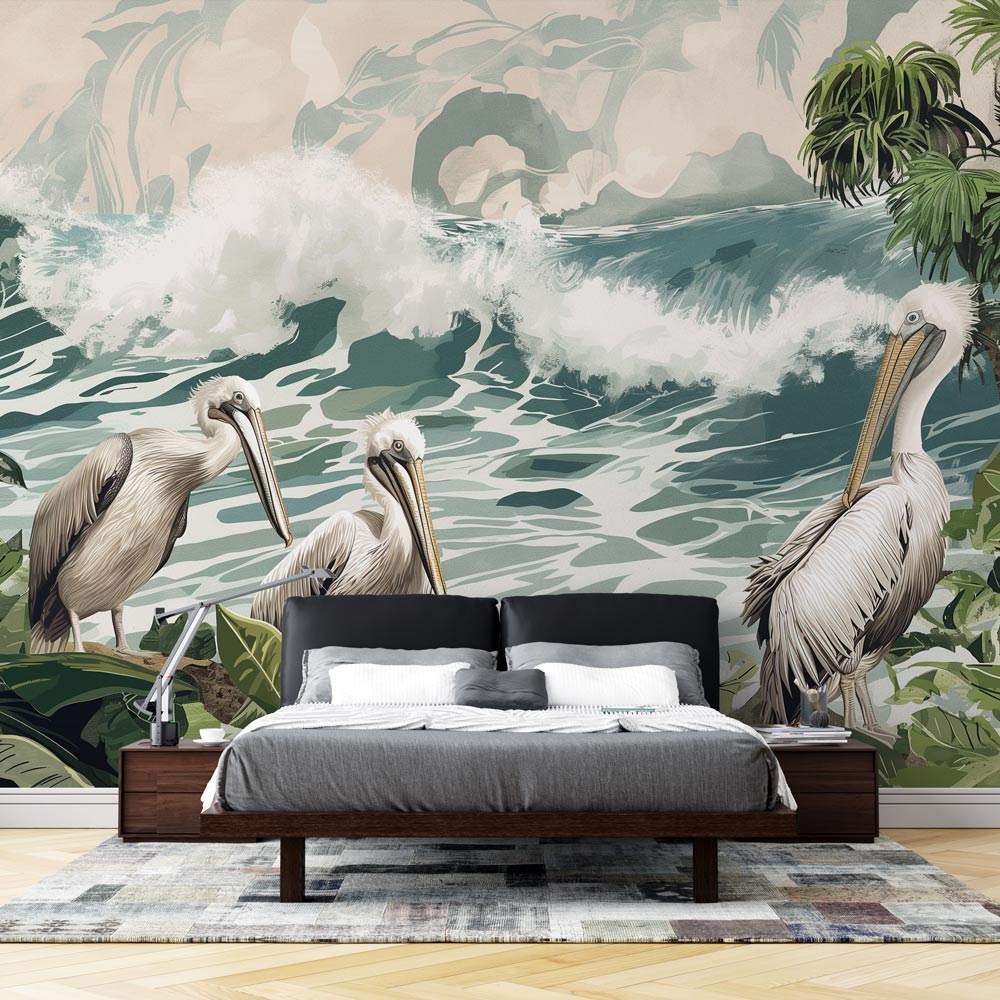 Pelican coastal wallpaper in bright modern living room with white furniture and natural light highlighting the ocean waves