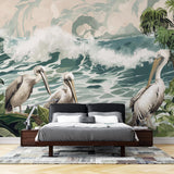 Pelican coastal wallpaper in bright modern living room with white furniture and natural light highlighting the ocean waves