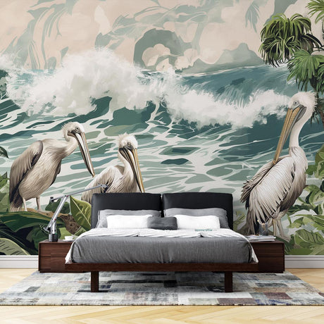 Pelican coastal wallpaper in bright modern living room with white furniture and natural light highlighting the ocean waves