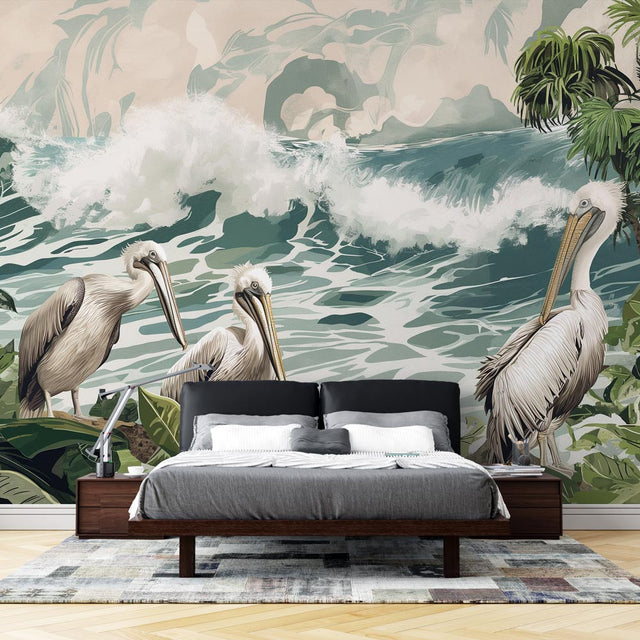 Pelican coastal wallpaper in bright modern living room with white furniture and natural light highlighting the ocean waves