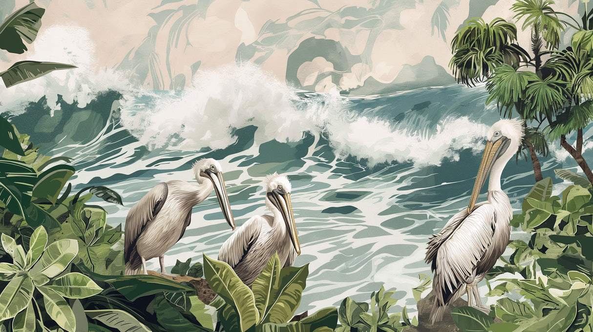 Pelican wall mural design file showing detailed beach birds and crashing waves pattern