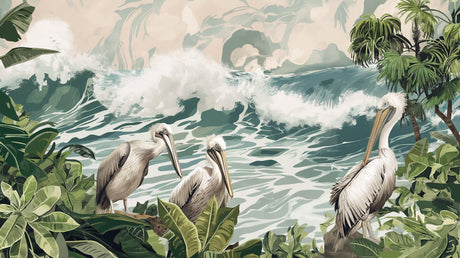 Pelican wall mural design file showing detailed beach birds and crashing waves pattern
