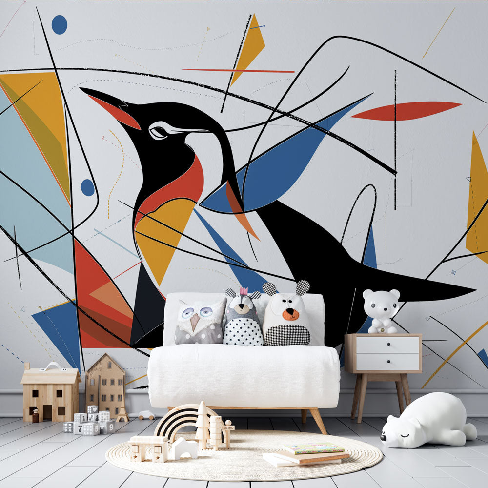 Abstract geometric penguin wallpaper creating a bold statement in a modern minimalist living room with clean lines
