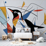 Abstract geometric penguin wallpaper creating a bold statement in a modern minimalist living room with clean lines