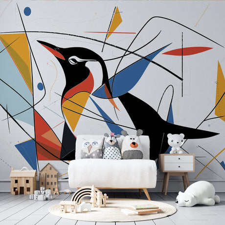 Abstract geometric penguin wallpaper creating a bold statement in a modern minimalist living room with clean lines