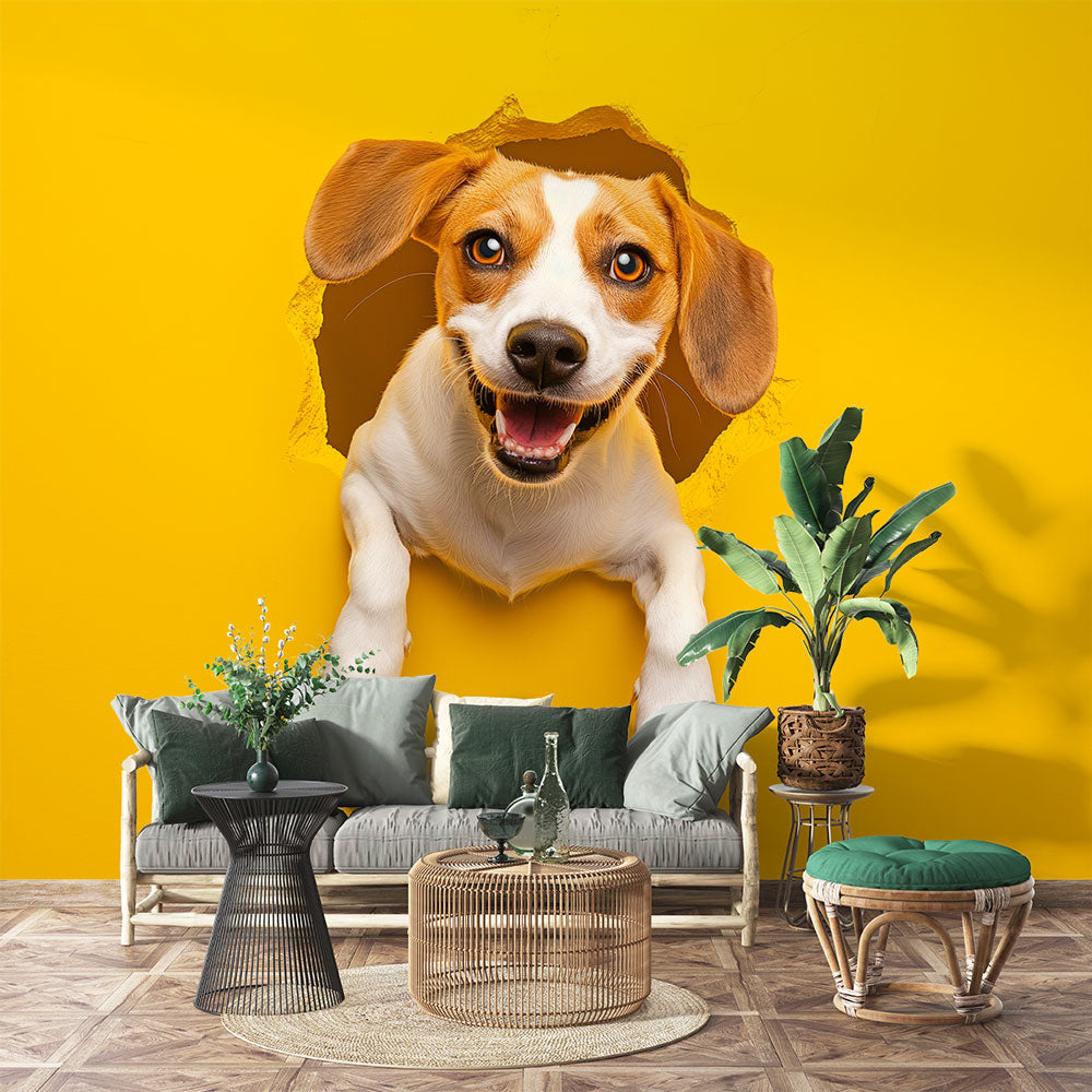 3D Beagle wallpaper bringing charm to a modern living room, yellow accent wall with playful dog design