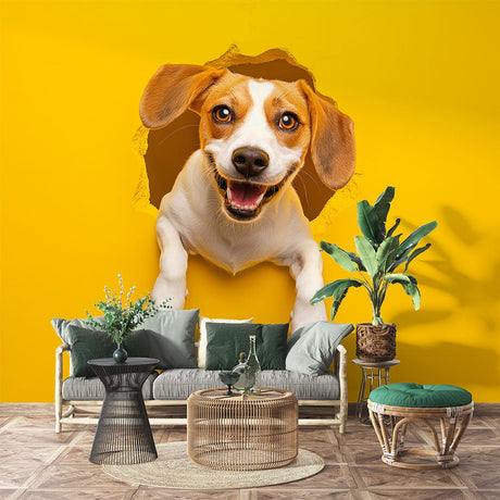 3D Beagle wallpaper bringing charm to a modern living room, yellow accent wall with playful dog design