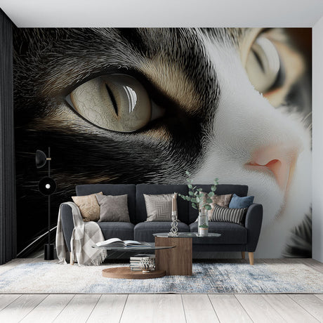 Black and white cat portrait wallpaper creating a dramatic focal point in a minimalist living room with natural lighting