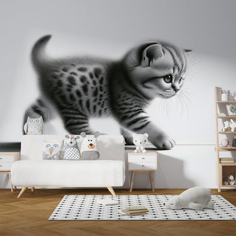 Black and white cat wallpaper mural shown in modern living room, creating elegant monochromatic accent wall