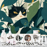 Black cat tropical wallpaper creating a modern statement wall in a sunny living room with gray sofa and plants