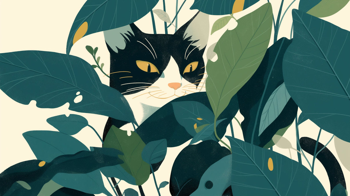 Black cat with tropical leaves design file showing detailed pattern and golden accents