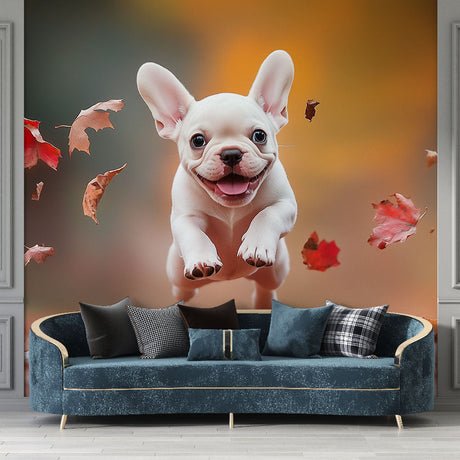 French bulldog wall mural displayed in bright modern living room, showing playful puppy against autumn leaves
