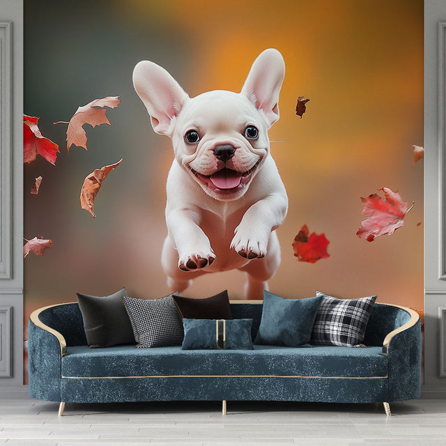 French bulldog wall mural displayed in bright modern living room, showing playful puppy against autumn leaves