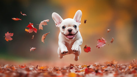 French bulldog wall mural design file showing detailed autumn scene with jumping puppy