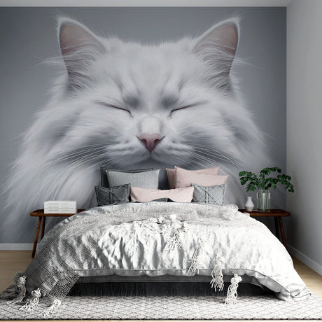 White cat portrait wallpaper creating a peaceful atmosphere in a modern living room with grey furniture and natural light
