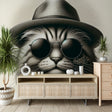 Modern cat wallpaper bringing style to a minimalist living room with grey sofa and indoor plants