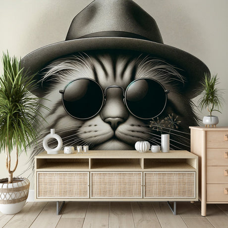 Modern cat wallpaper bringing style to a minimalist living room with grey sofa and indoor plants