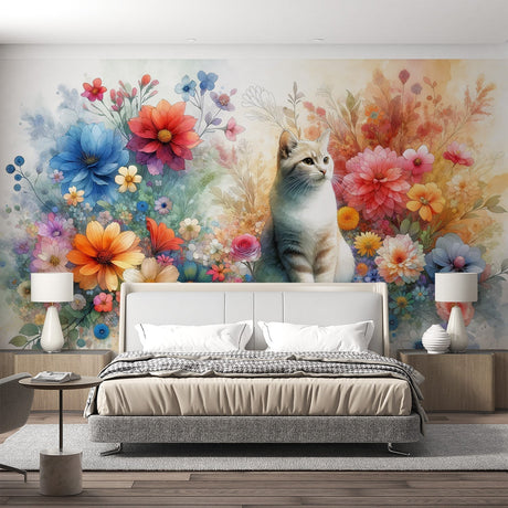 Watercolor cat wallpaper creating a cozy atmosphere in a bright living room with natural light and modern furniture