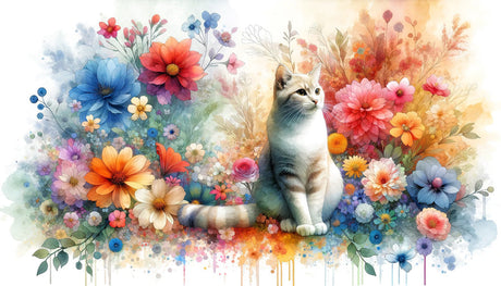 Watercolor cat with spring flowers design file showing delicate paint strokes and floral details
