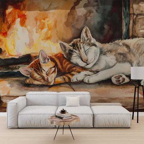 Watercolor cat wallpaper mural creating a cozy atmosphere in a modern living room with soft lighting