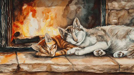 Cat mural wallpaper design file showing detailed watercolor artwork of cats by fireplace