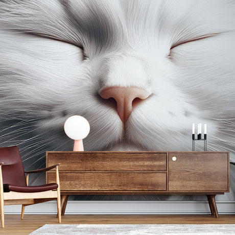 White cat portrait wallpaper creating a serene atmosphere in a modern living room with minimalist furniture