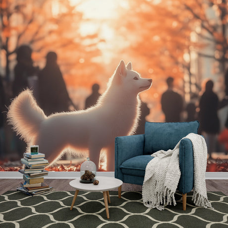 Pet portrait wallpaper featuring white dog shown in modern living room, golden autumn light streaming through windows