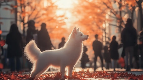 White dog in autumn glow design file, showing detailed pet portrait against warm fall colors
