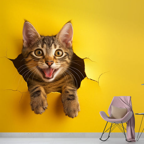 3D Cat Breaking Through Wall Mural showcased in a bright modern living room, creating a playful focal point