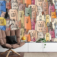 Cheerful pets wallpaper mural bringing life to a modern living room with natural light and minimalist furniture