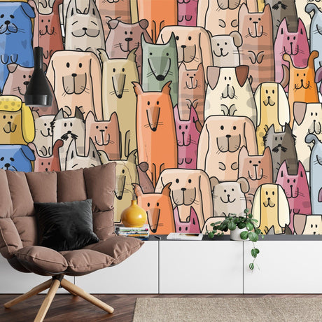 Cheerful pets wallpaper mural bringing life to a modern living room with natural light and minimalist furniture