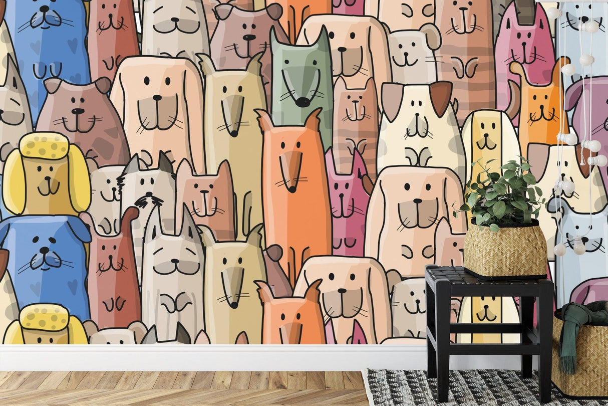 Pet-themed wallpaper adding charm to a home office space with warm lighting and wooden accents