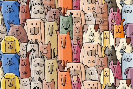 Design file showing the full pattern of cute cats and dogs in pastel colors on white background