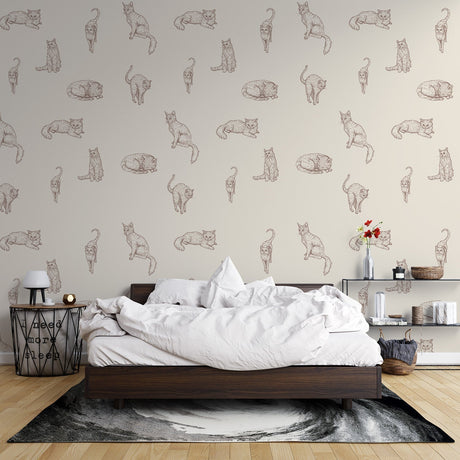 Cat pattern wallpaper creating a cozy atmosphere in a modern living room, brown sketched felines adding artistic charm to white walls
