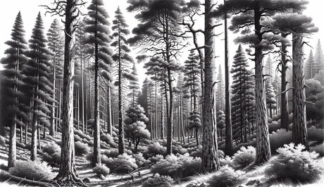 Black and white pine forest wallpaper creating depth in modern living room with minimal furniture