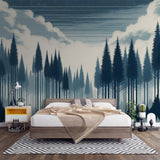 Pine forest wallpaper mural creating depth in modern living room with grey sofa and natural light
