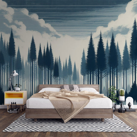 Pine forest wallpaper mural creating depth in modern living room with grey sofa and natural light