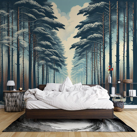 Pine forest wallpaper creating depth in a modern living room, snowy path design adding perspective to white walls