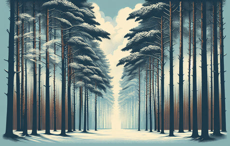 Pine forest path design file showing detailed winter scene with snow-covered trees and natural lighting effects
