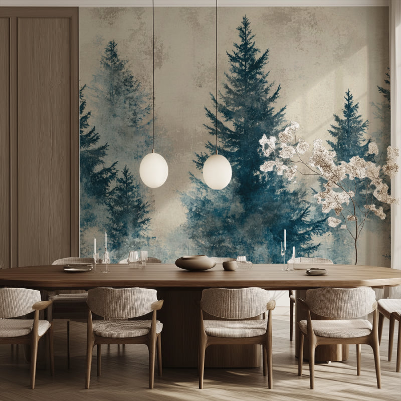 Teal pine tree forest mural wallpaper creating depth in modern living room with grey sofa