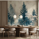 Teal pine tree forest mural wallpaper creating depth in modern living room with grey sofa