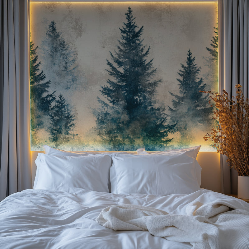 Misty forest wallpaper in teal blue adding serenity to master bedroom