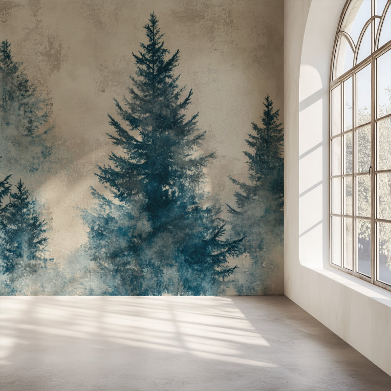 Pine tree mural wallpaper bringing nature into home office space