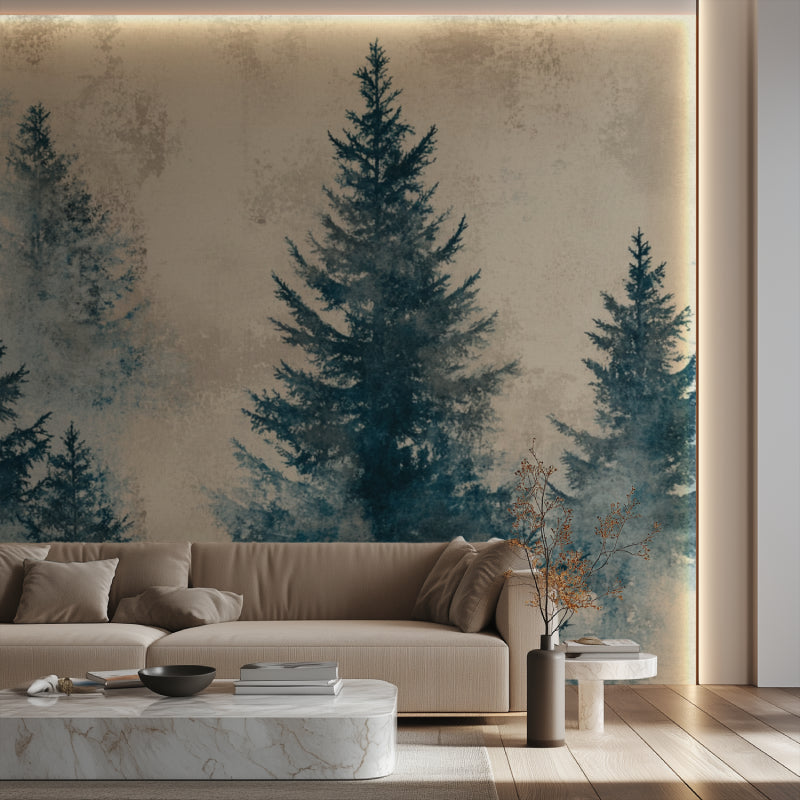 Forest wallpaper in teal blue making dining room feel peaceful
