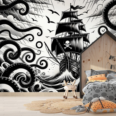 Black and white pirate ship wallpaper creating a bold statement in a modern kids bedroom with minimalist furniture