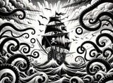Pirate ship wallpaper design file showing detailed black and white nautical pattern with waves and sailing vessel