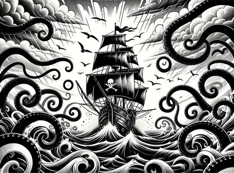 Pirate ship wallpaper design file showing detailed black and white nautical pattern with waves and sailing vessel