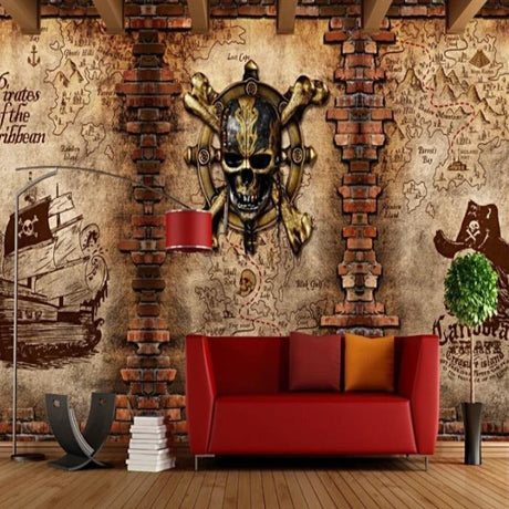 Pirate treasure map wallpaper creating an adventure zone in a bright kids bedroom with wooden furniture and playful accessories