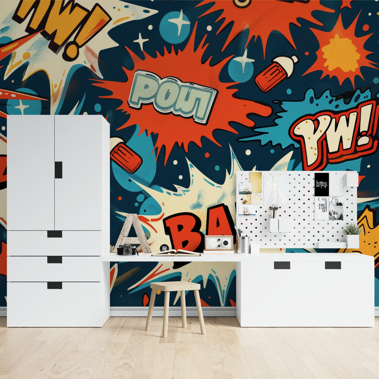 Pirate ship wallpaper bringing adventure to a modern kids bedroom with blue and gold accents